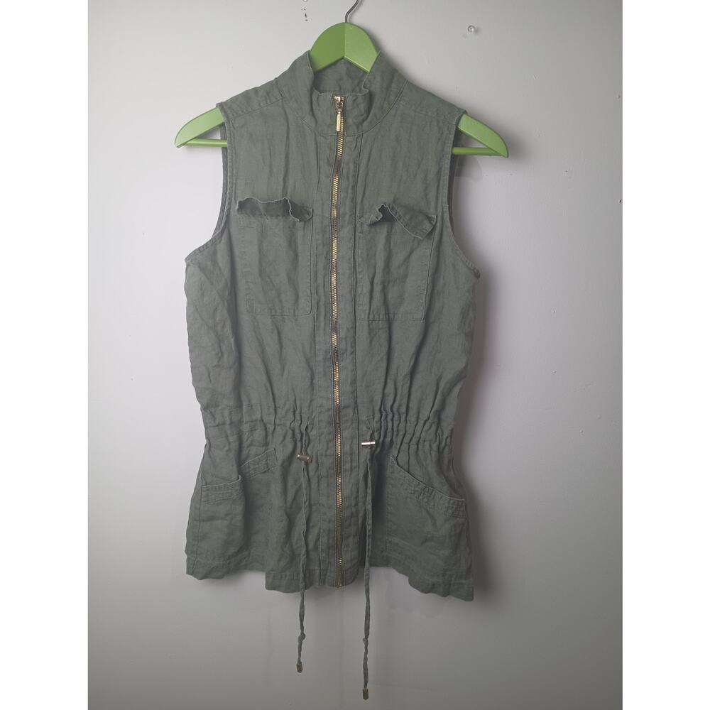 Women's Military Style sleeveless Green Linen Full Zip‎ Vest Women Small